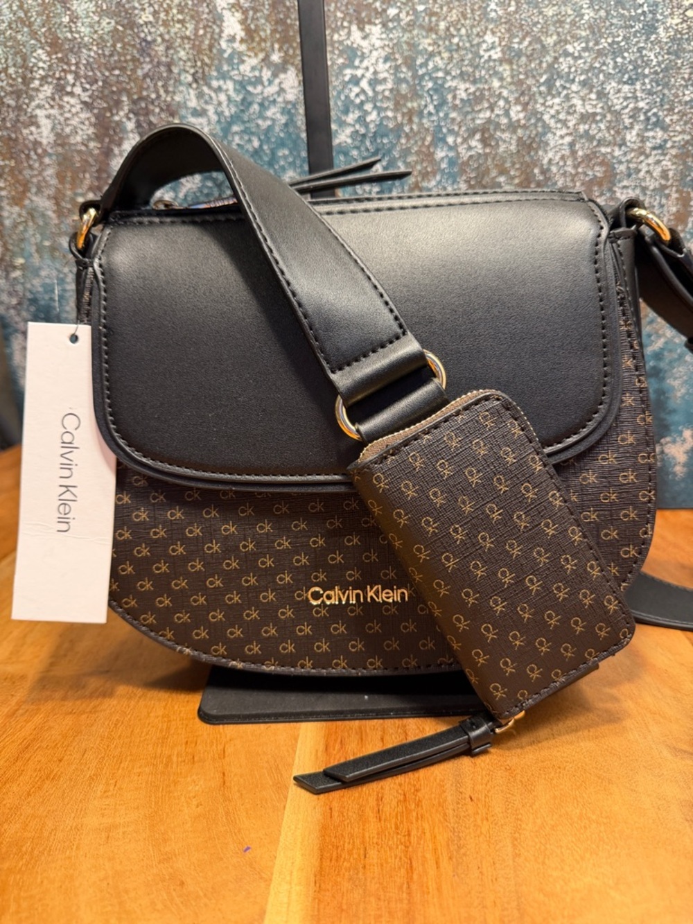 Calvin Klein Classic Bella Monogram Crossbody Bag Black/ Gold  NWT’s